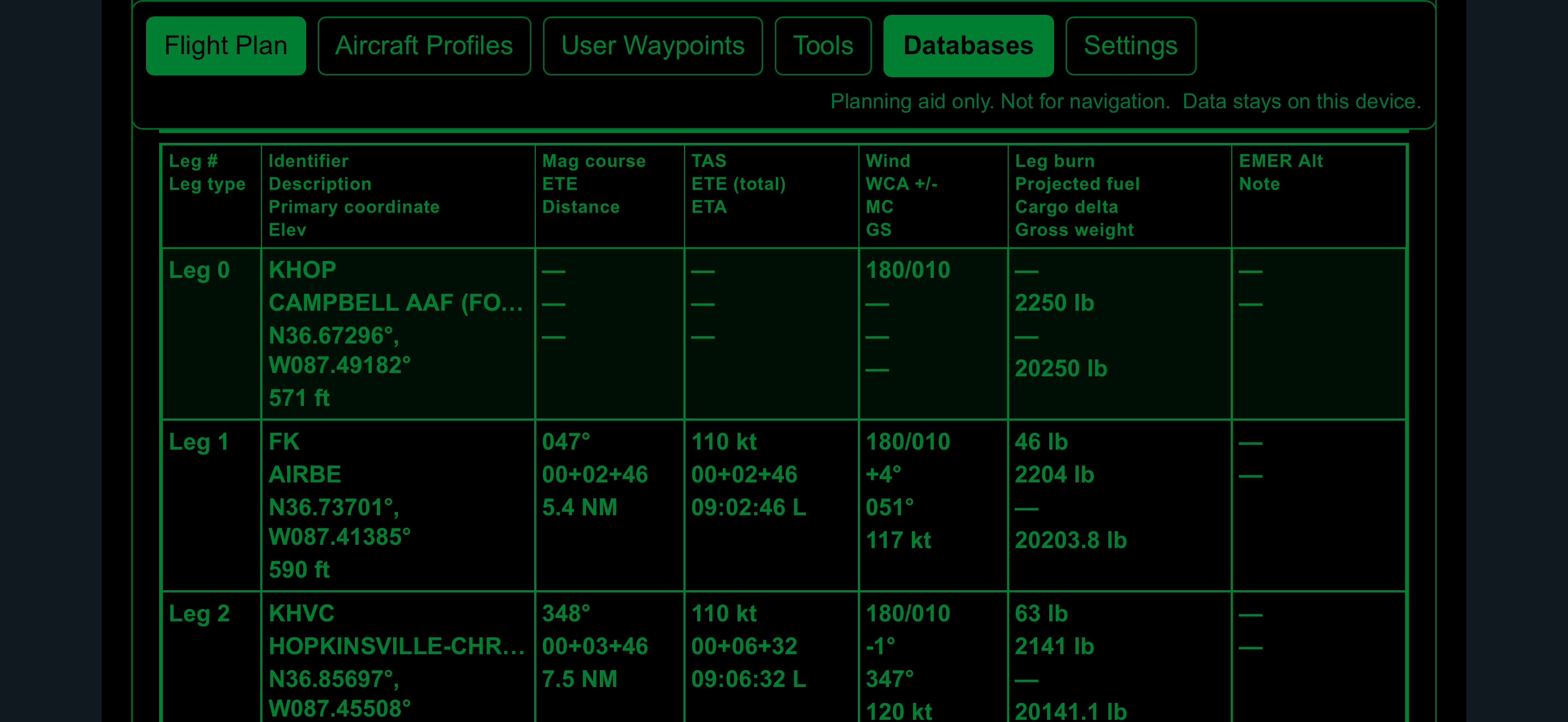 Meridian flight plan table in NVG green night theme