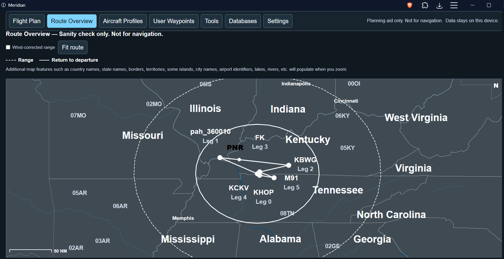 Meridian Route Overview: great-circle route, range rings, and PNR on the terrain globe