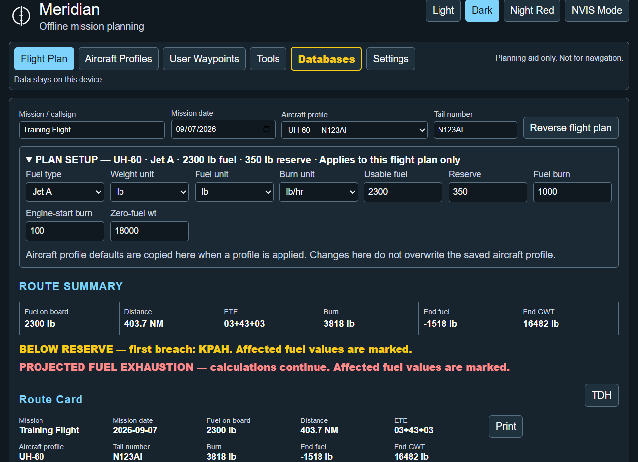 Meridian flight plan screen: plan setup, route summary, and route card